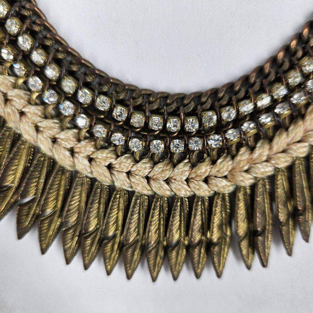 Bib Necklace Gold Tone Boho Statement Feather Fringe Rhinestone 16" Braided Cord - Picture 3 of 10